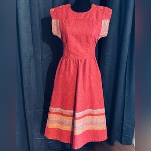 Gorgeous vintage brick red wool dress with built-in sash belt